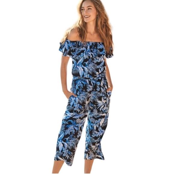 Tommy Bahama Off the Shoulder Blue Tropical Jumpsuit - Picture 9 of 9
